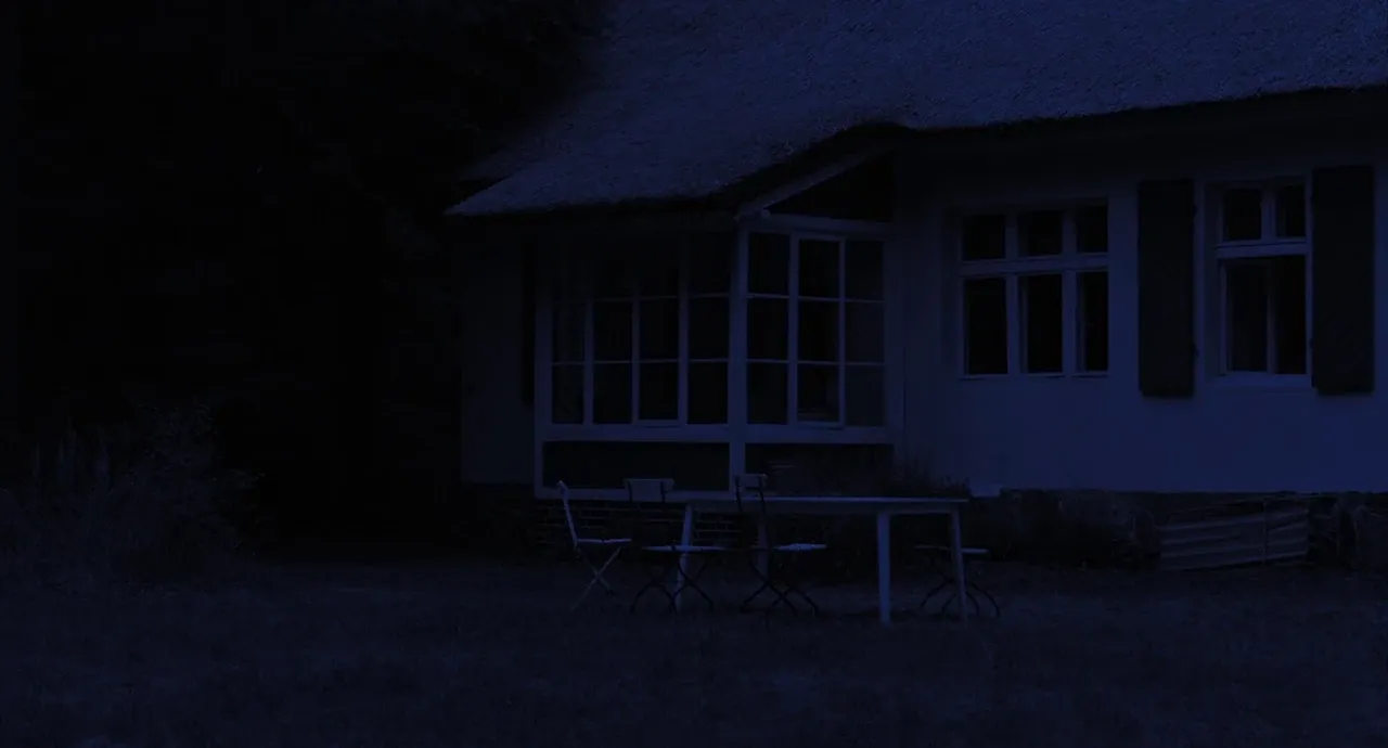 A blue-graded night exterior of a house, its lit windows and pale walls holding detail against the dark, Afire (2023)