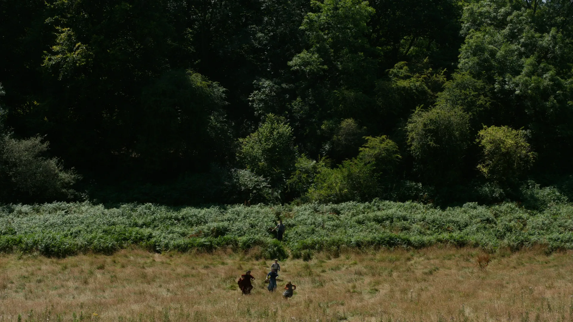 Hamnet (2025) — figures dwarfed by a wall of summer woodland, another Żal frame where the landscape holds far more than it reveals