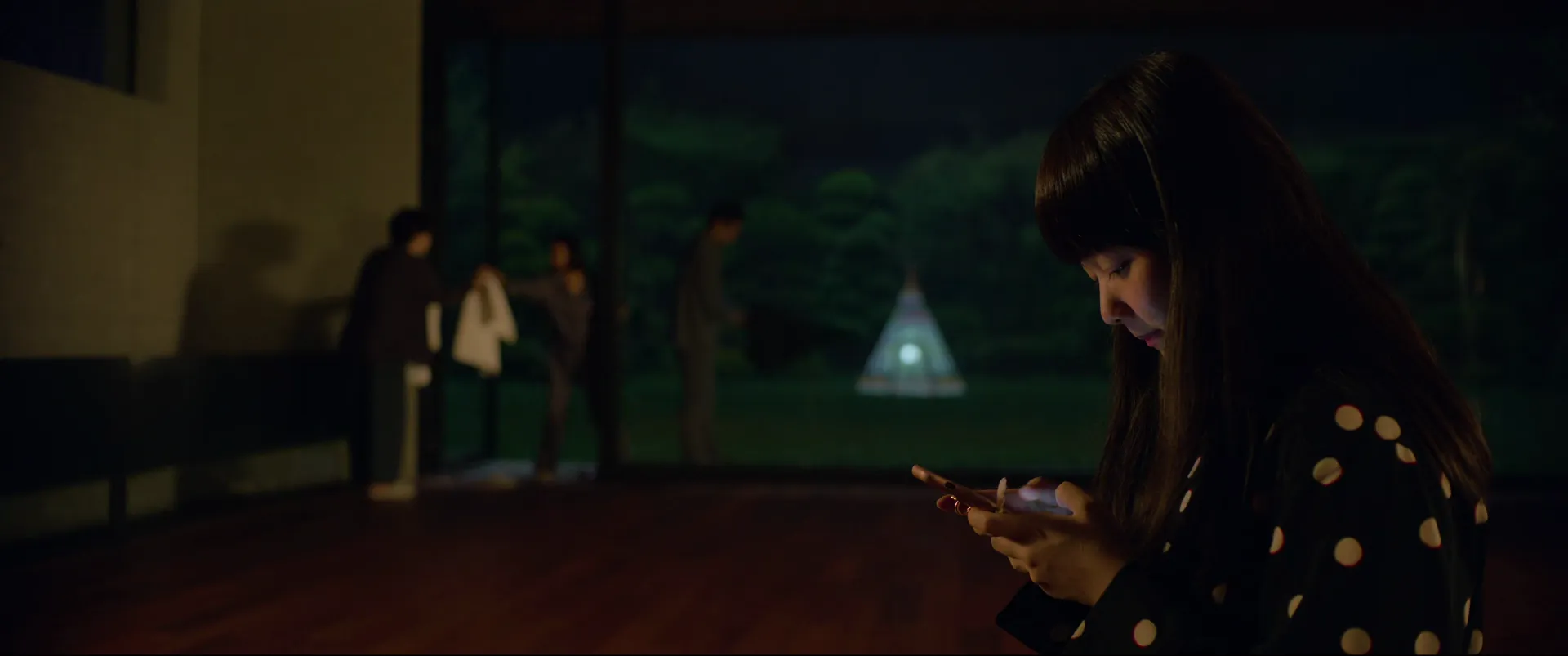 Parasite (2019) — a woman at the Park house's picture window, the lit garden beyond