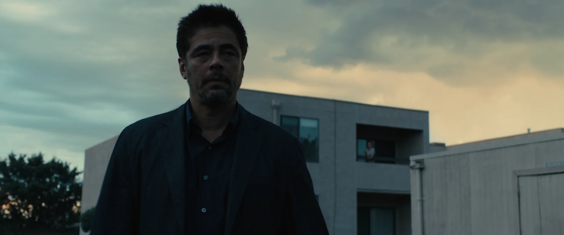 Sicario (2015) β Benicio del Toro underexposed against a soft dusk sky