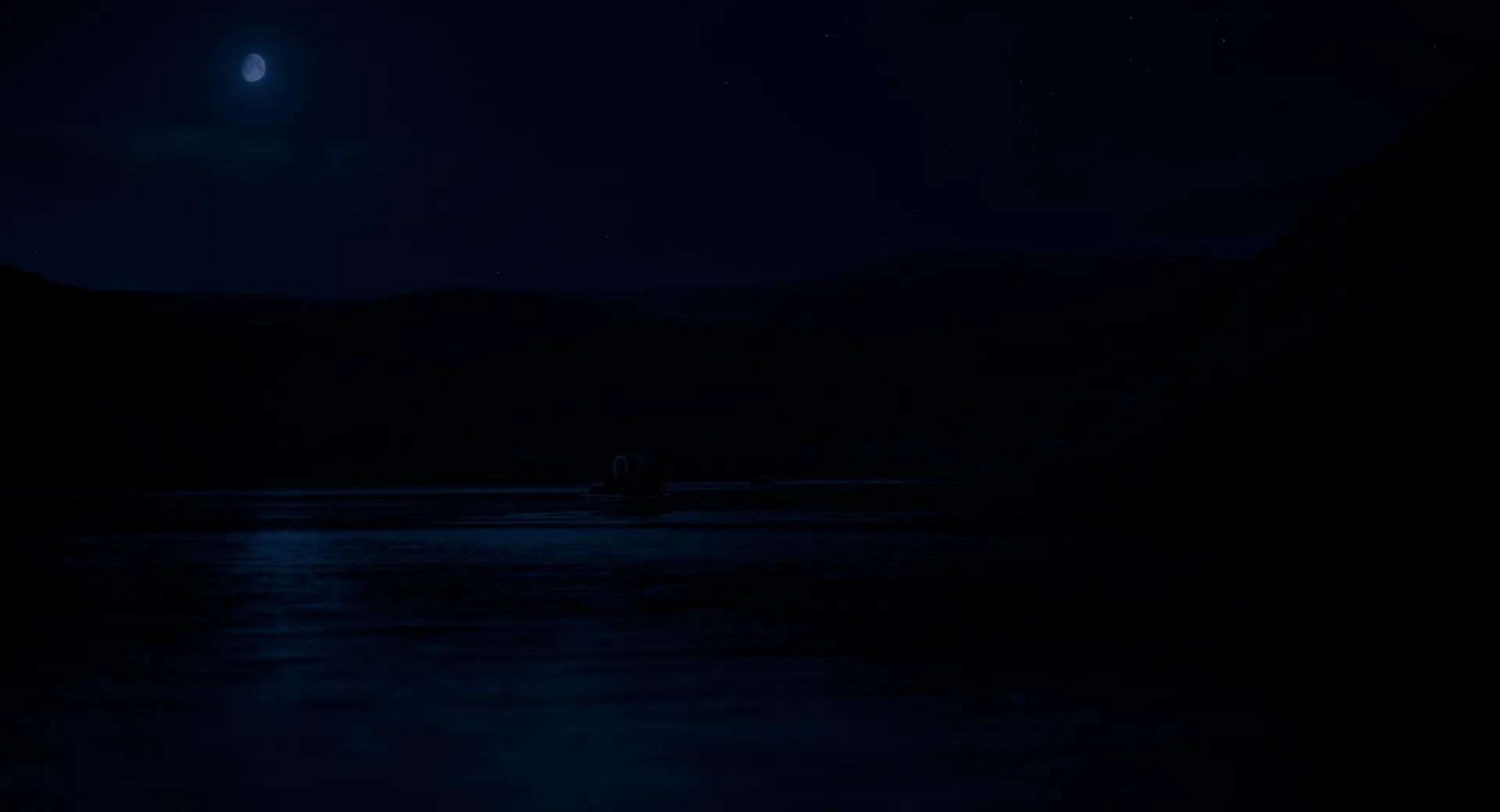 A moon over a dark lake with a small boat, cold moonlight rippling across the water, The Watchers (2024)
